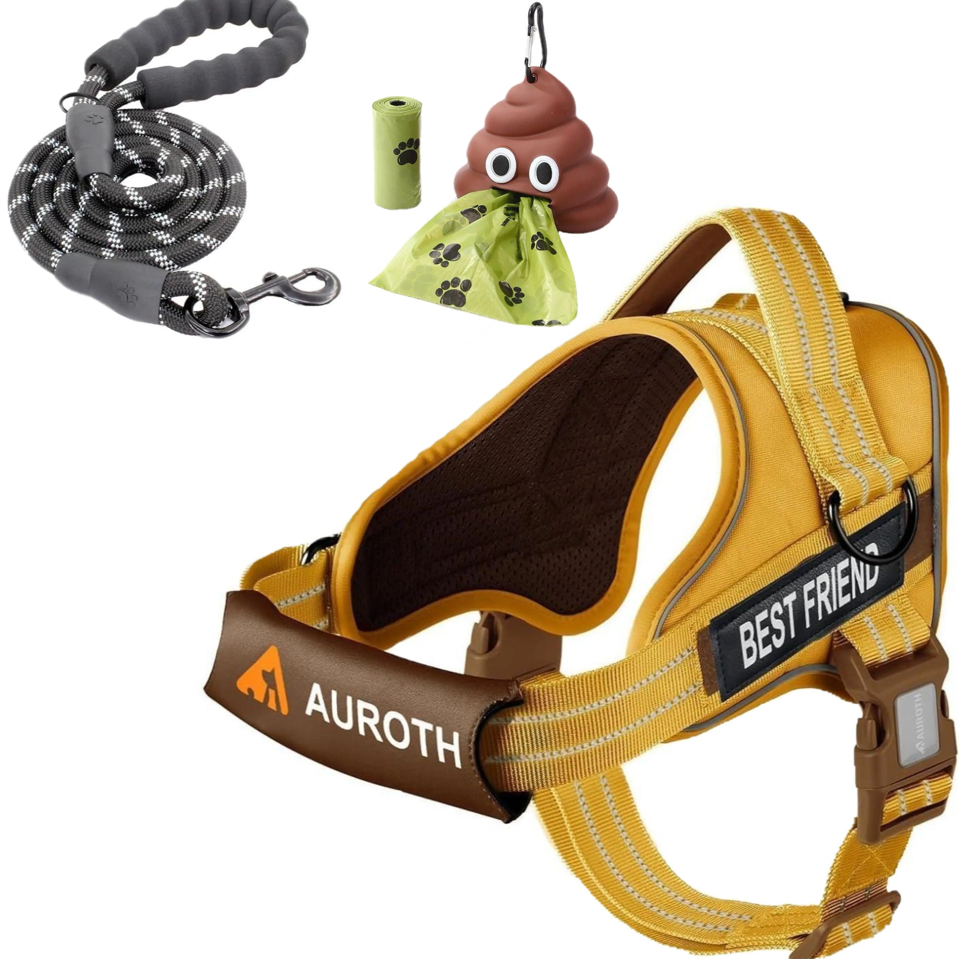 【#Summervibes #Petlovers】Auroth No Pull Dog Harness and Leash Combo with Cute Poop Bag Holder, Reflective Adjustable Soft Padded Safety Harness, Dog Poop Bag Dispenser with 1 Roll 15 Bags, Dog Walking & Training Kit for Small Medium Large Dogs