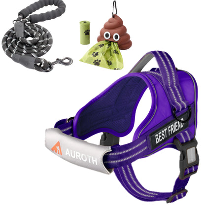 【#Summervibes #Petlovers】Auroth No Pull Dog Harness and Leash Combo with Cute Poop Bag Holder, Reflective Adjustable Soft Padded Safety Harness, Dog Poop Bag Dispenser with 1 Roll 15 Bags, Dog Walking & Training Kit for Small Medium Large Dogs